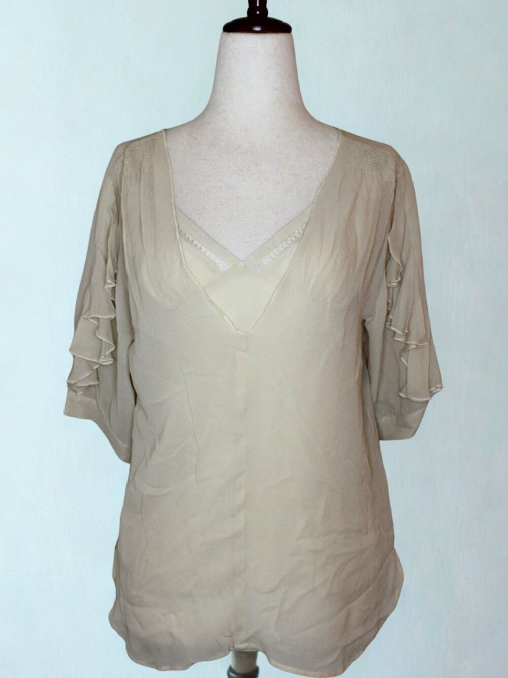 Madison Marcus Beige Silk Faux Layered Ruffle Sleeve Blouse Size X-Small